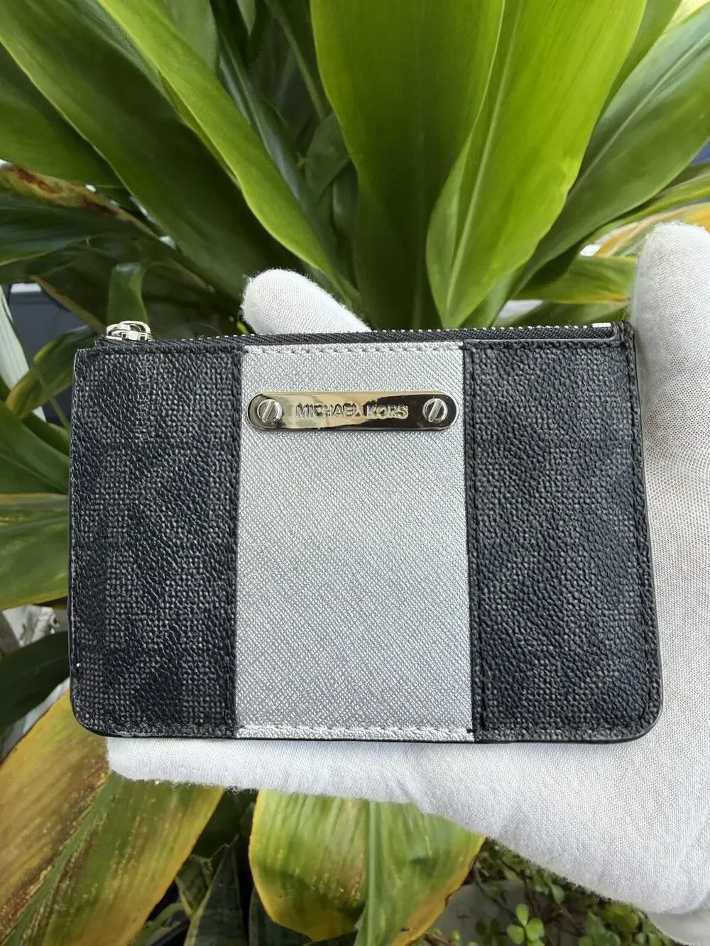 Michael Kors Jet Set Top Zip Card Case Wallet MK Black Multi Metallic Monogram